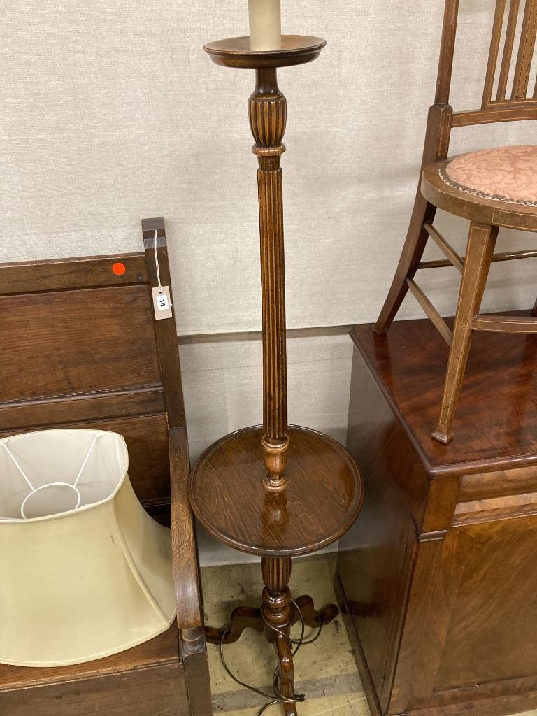 A mahogany skeleton frame toilet mirror, width 56cm, an Edwardian inlaid side chair and a beech standard lamp